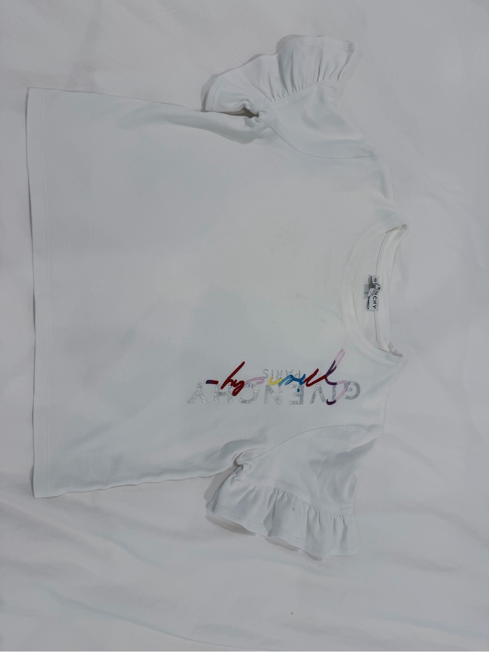 Givenchy White Ruffle Sleeve Logo Tee with Multicolor Embroidery